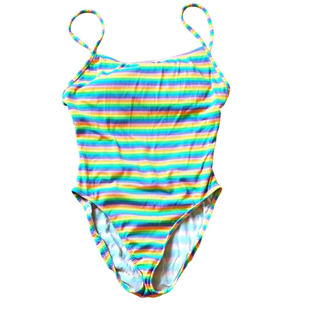 Vintage Surfside Neon Stripe One-Piece Swimsuit High-Cut Leg Women’s Size M